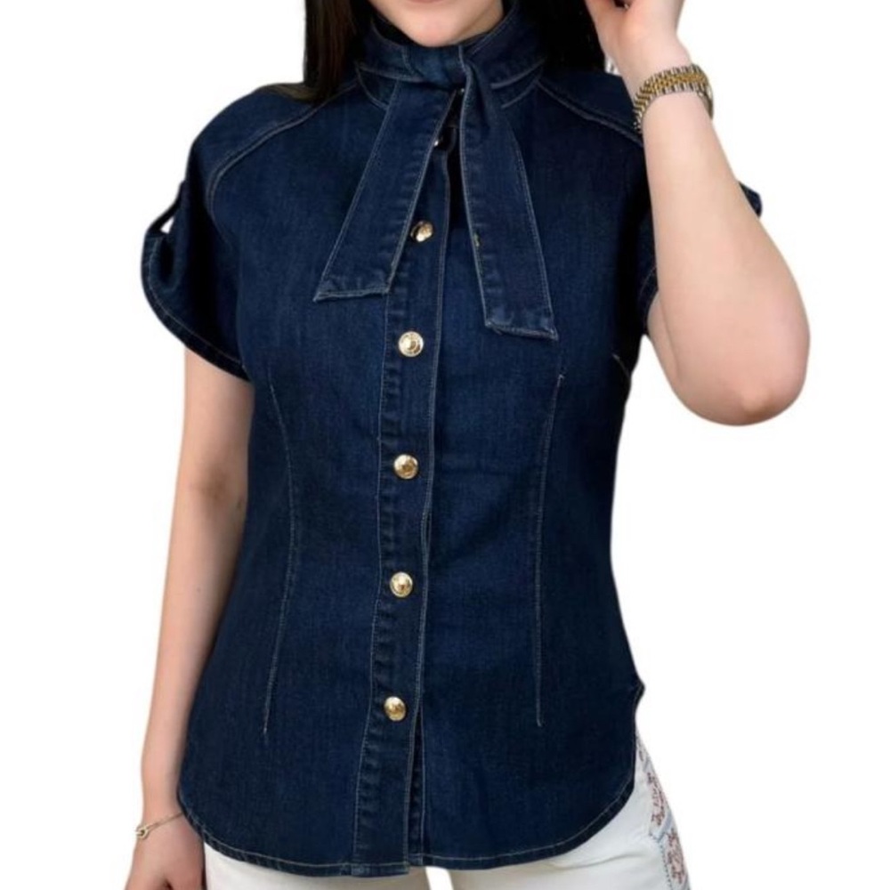 Dark Blue Denim Button-Down Top with Neck Tie